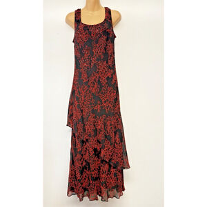 Vintage Y2K Majick Midi Dress L Black Red Floral Beaded Whimsigoth Dark Romantic